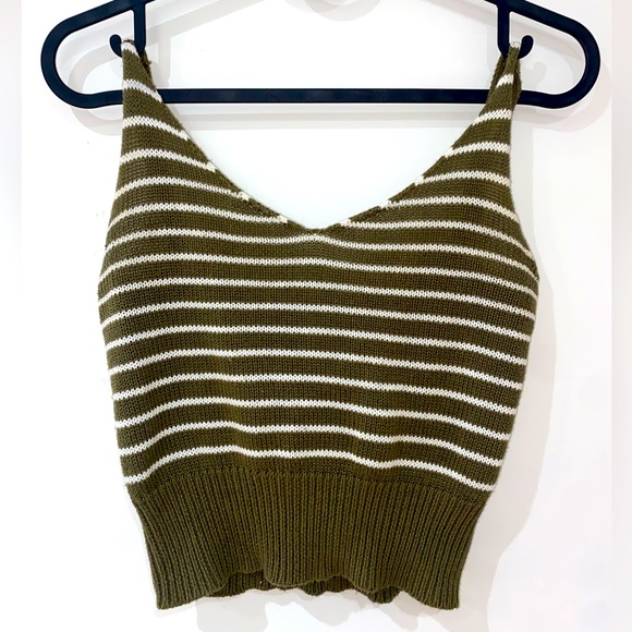 Olive green and white stripped, crop tank-top. - Picture 1 of 2
